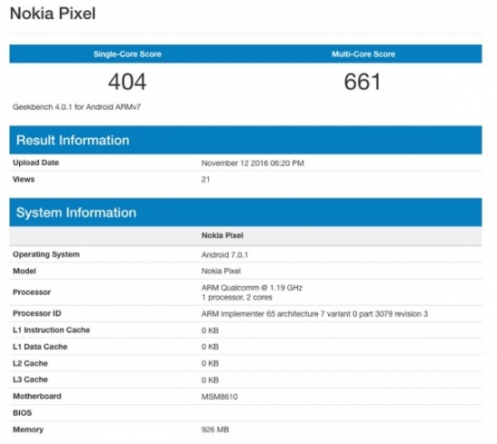 諾基亞Nokia Pixel數據曝光：運行安卓7.0系統