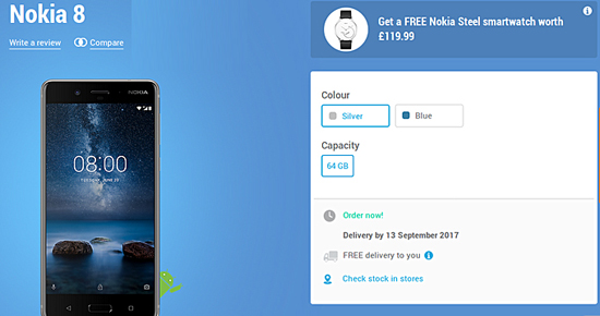 諾基亞8在英售價4218元，購買即送Nokia Steel手表