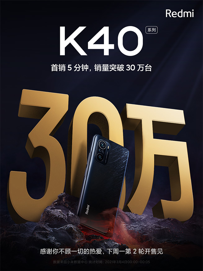 首銷5分鐘破30萬臺！Redmi K40系列坐實旗艦焊門員